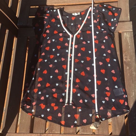 Maison Jules Tops - Sheer top red hearts & lace sz S